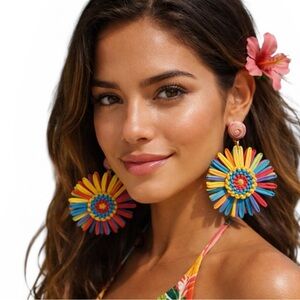 Boho Raffia Flower Earrings Tropical Straw Colorful Vacation Resort Beach NWT